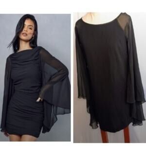 Debbie Schuchat BLACK Mini Dress Big Sheer Bat Wing Shawl Sleeves Witchy Elegant